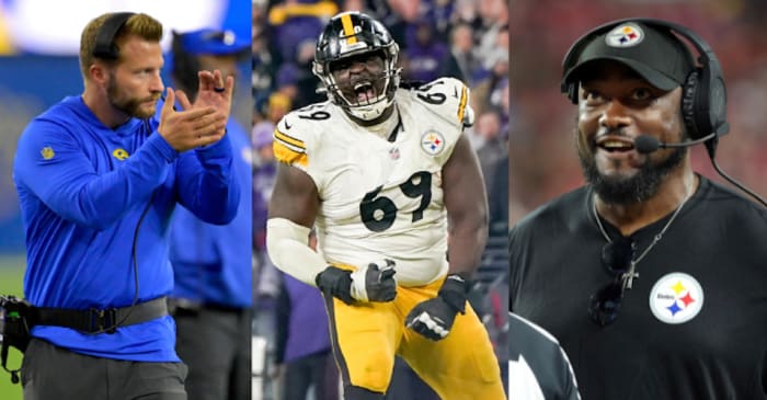 Los Angeles Rams coach Sean McVay, offensive guard Kevin Dotson and Pittsburgh Steelers coach Mike Tomlin.